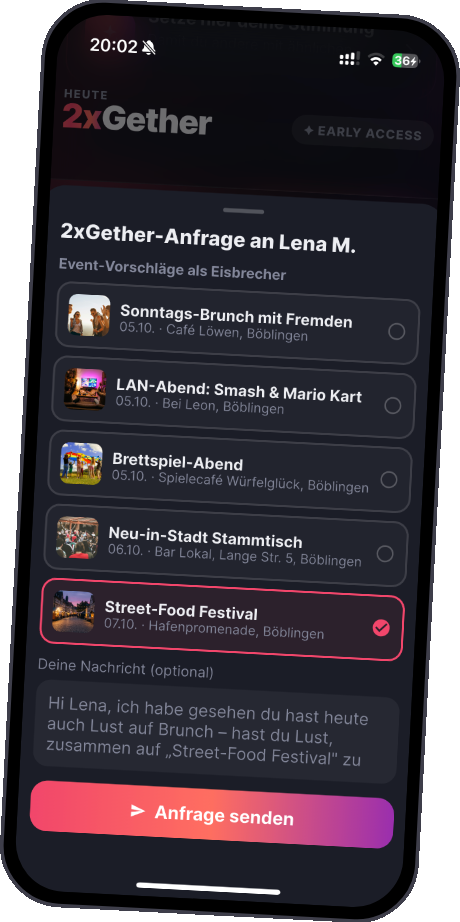 2xGether App: Anfrage mit Event-Vorschlägen als Eisbrecher